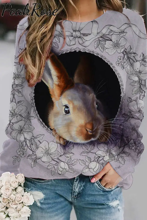 Purple Vintage Flowers Easter 3D Cute Bunny Printed Sweatshirt