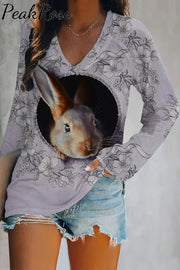 Purple Vintage Flowers Easter 3D Cute Bunny Printed V-Neck Long Sleeve Tee