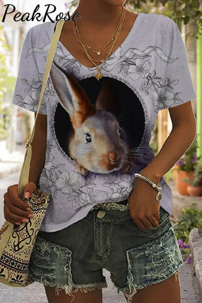 Purple Vintage Flowers Easter 3D Cute Bunny Printed V Neck T-Shirt S / Floral T-Shirt