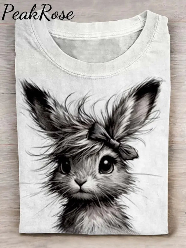 Rabbit Art Print Casaul Short Sleeve T-Shirt Grey / S Hot Sell