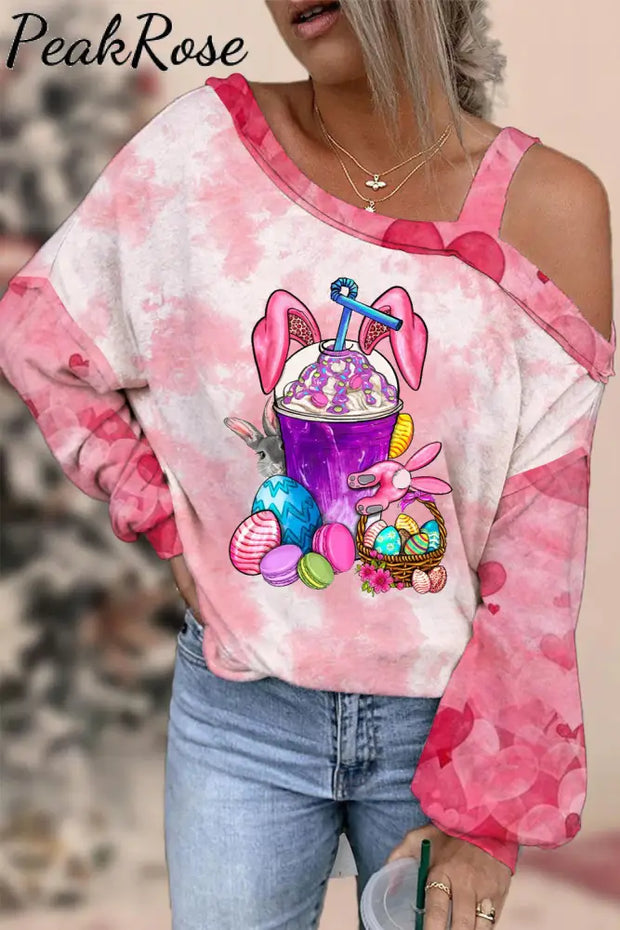 Rabbit Ear Drink Cup Milk Tea Easter Egg Pink Heart Off Shoulder Blouse