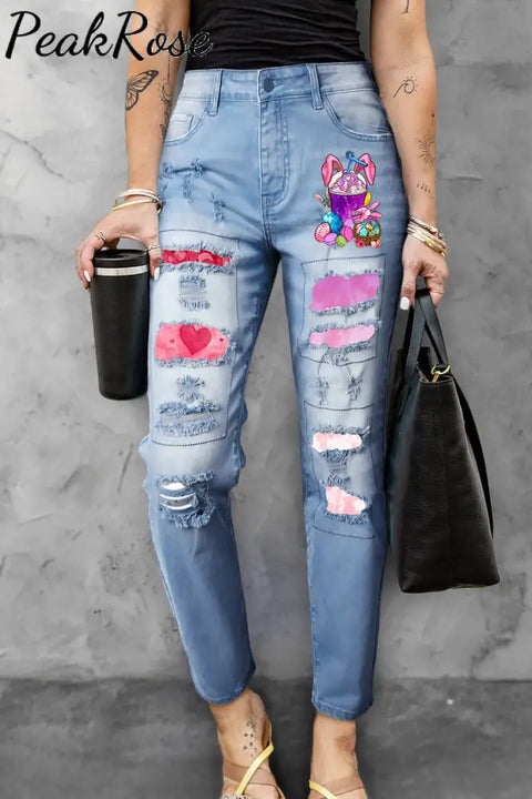 Rabbit Ear Drink Cup Milk Tea Easter Egg Pink Heart Ripped Denim Jeans