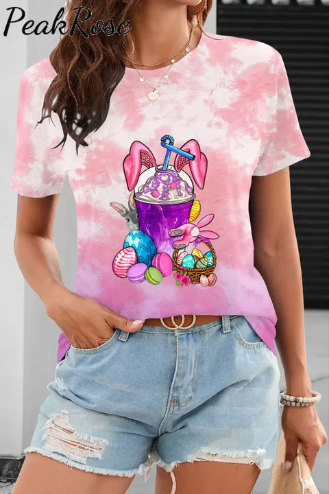 Rabbit Ear Drink Cup Milk Tea Easter Egg Pink Heart Round Neck T-Shirt S /