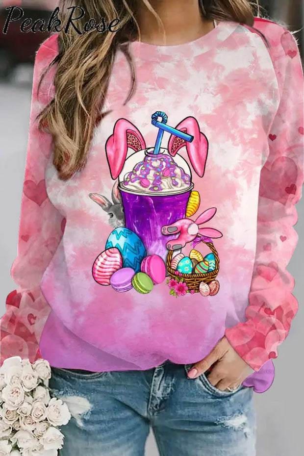 Rabbit Ear Drink Cup Milk Tea Easter Egg Pink Heart Sweatshirt S /