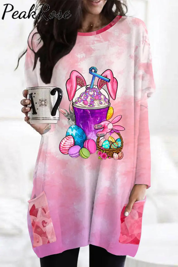 Rabbit Ear Drink Cup Milk Tea Easter Egg Pink Heart Tunic With Pockets