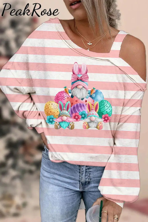 Rabbit Ear Goblin Cute Elf Egg Pink Striped Off Shoulder Blouse