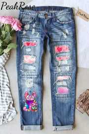 Rabbit Ear Goblin Cute Elf Egg Pink Striped Ripped Denim Jeans S / Blue