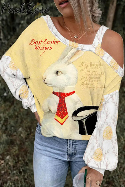 Rabbit With Bowler Hat Gentleman Yellow Off-Shoulder Blouse / S