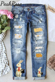 Rabbit With Bowler Hat Gentleman Yellow Ripped Denim Jeans