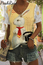 Rabbit With Bowler Hat Gentleman Yellow V Neck T-Shirt T-Shirt