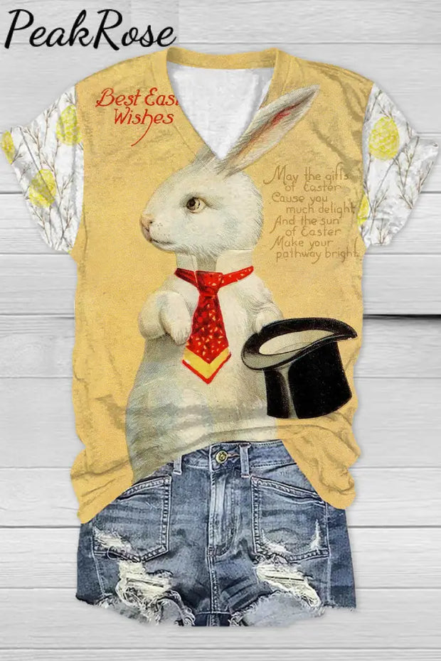 Rabbit With Bowler Hat Gentleman Yellow V Neck T-Shirt T-Shirt