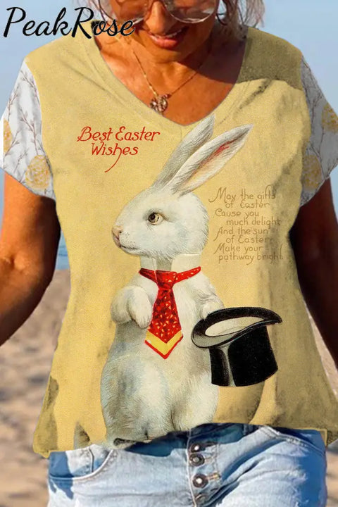 Rabbit With Bowler Hat Gentleman Yellow V Neck T-Shirt T-Shirt