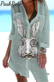 Rabbit With Monocle Print Patch Front Pockets Shirt