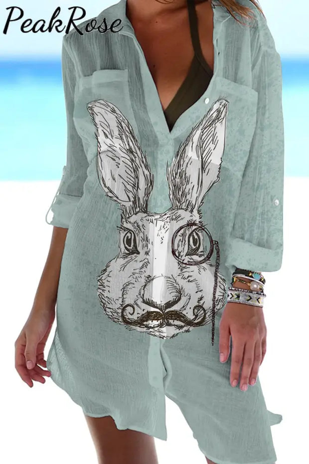 Rabbit With Monocle Print Patch Front Pockets Shirt