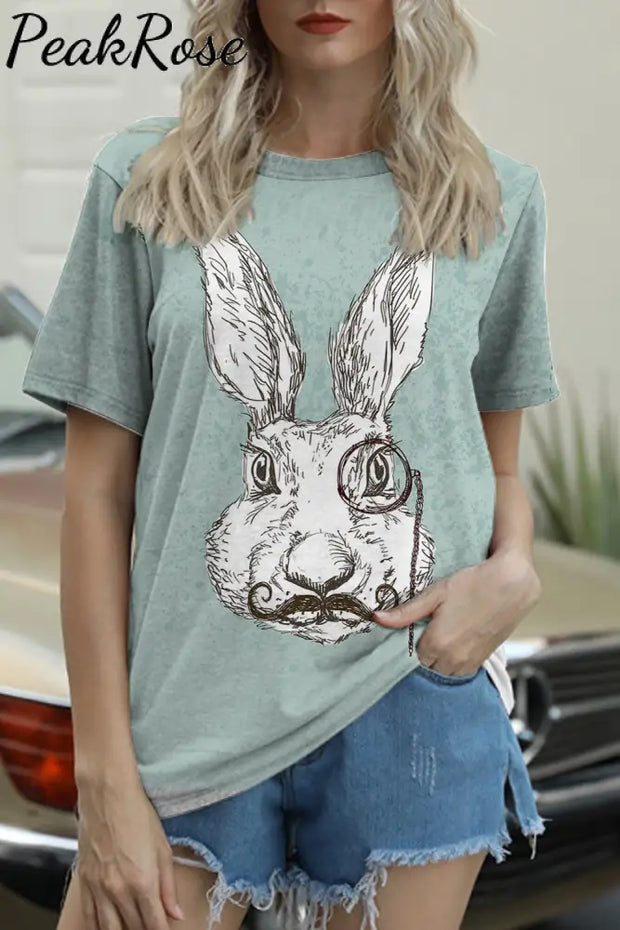 Rabbit With Monocle Print Round Neck T-Shirt T-Shirt