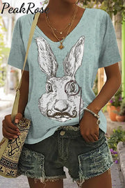 Rabbit With Monocle Print V-Neck T-Shirt T-Shirt