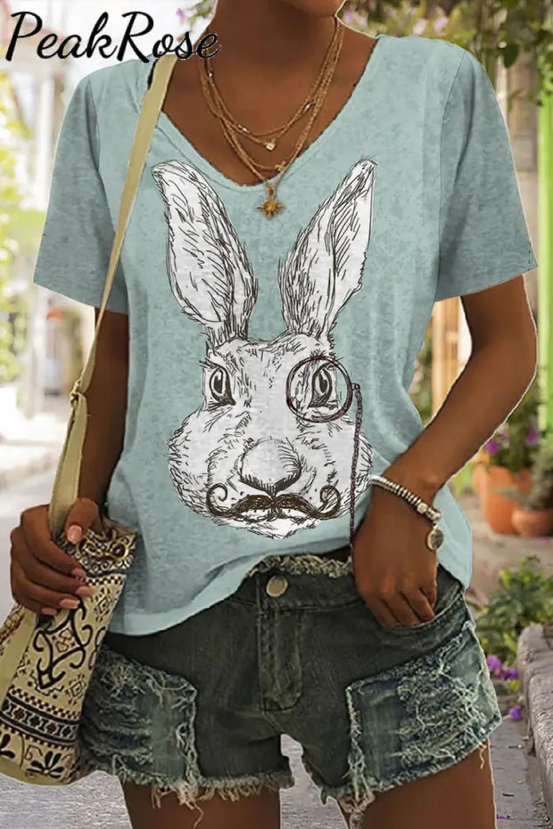 Rabbit With Monocle Print V-Neck T-Shirt T-Shirt