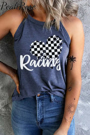 Racing Checkered Plaid Heart Print Tank Top