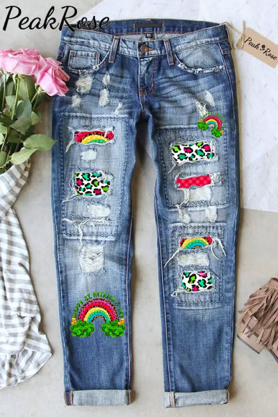 Rainbow And Shamrock Happy St Patricks Day Leopard Pattern Denim Jeans S / Blue