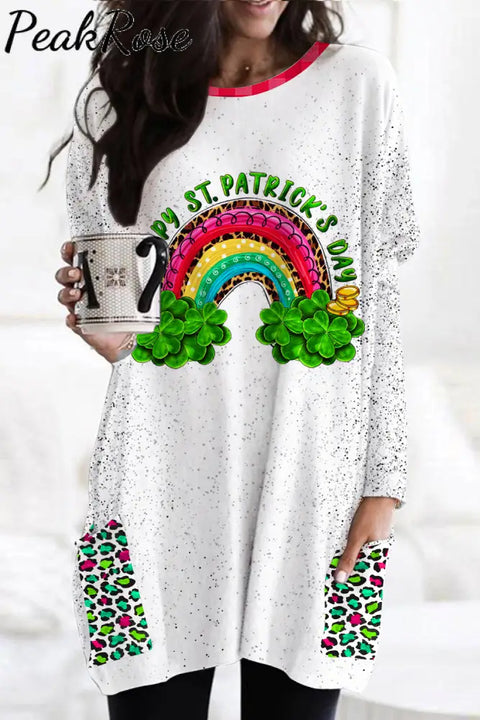 Rainbow And Shamrock Happy St Patricks Day Leopard Pattern Loose Tunic With Pockets