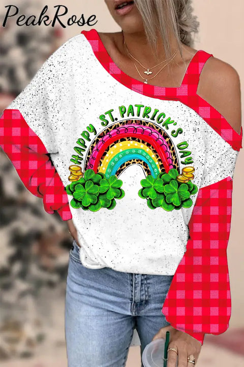 Rainbow And Shamrock Happy St Patricks Day Leopard Pattern Off-Shoulder Blouse S / Photo Color