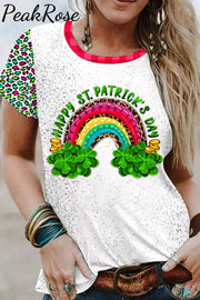 Rainbow And Shamrock Happy St Patricks Day Leopard Pattern Short-Sleeved T-Shirt Top