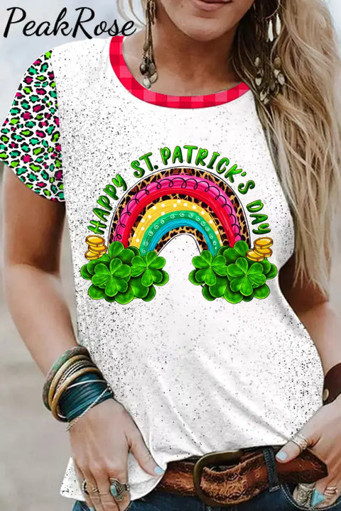 Rainbow And Shamrock Happy St Patricks Day Leopard Pattern Short-Sleeved T-Shirt Top S / Photo Color