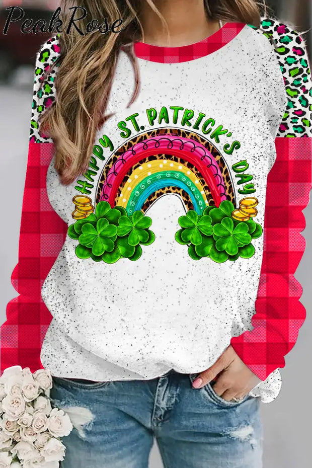 Rainbow And Shamrock Happy St Patricks Day Leopard Pattern Sweatshirt S / Photo Color