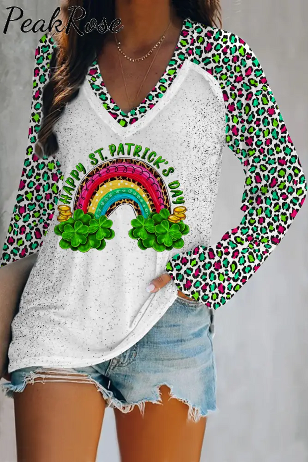 Rainbow And Shamrock Happy St Patricks Day Leopard Pattern V-Neck Long Sleeve Tee