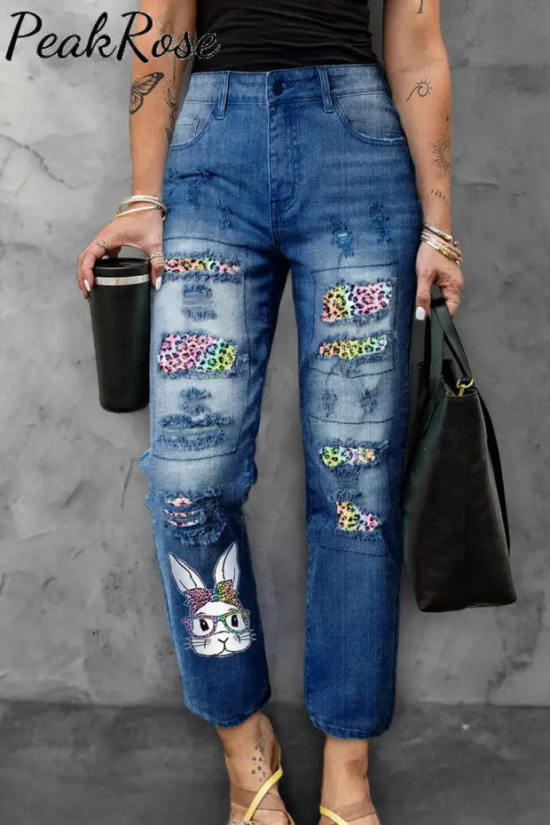 Rainbow Leopard Easter Bunny With Glasses Bleached Print Denim Jeans