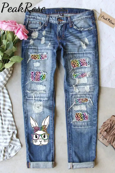 Rainbow Leopard Easter Bunny With Glasses Bleached Print Denim Jeans S