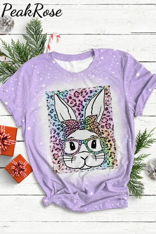 Rainbow Leopard Easter Bunny With Glasses Bleached Print O Neck T-Shirt