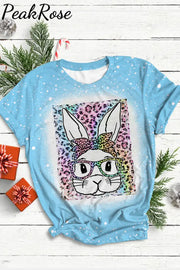 Rainbow Leopard Easter Bunny With Glasses Bleached Print O Neck T-Shirt