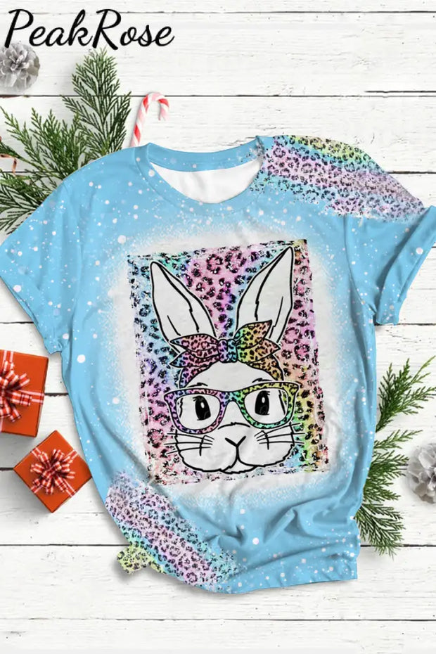 Rainbow Leopard Easter Bunny With Glasses Bleached Print O Neck T-Shirt