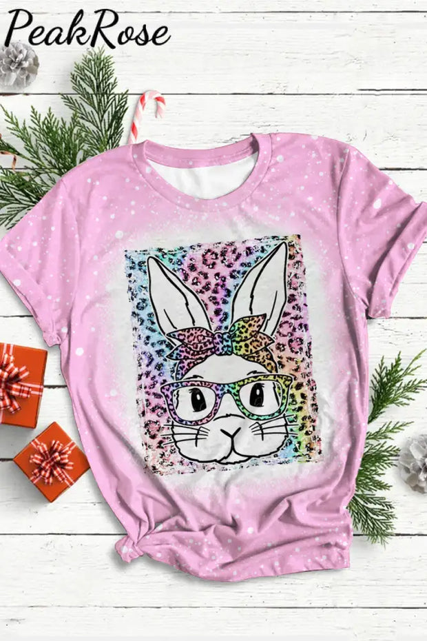 Rainbow Leopard Easter Bunny With Glasses Bleached Print O Neck T-Shirt