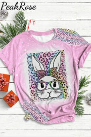 Rainbow Leopard Easter Bunny With Glasses Bleached Print O Neck T-Shirt