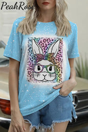 Rainbow Leopard Easter Bunny With Glasses Bleached Print O Neck T-Shirt Blue / S