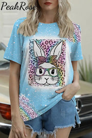 Rainbow Leopard Easter Bunny With Glasses Bleached Print O Neck T-Shirt Blue / S