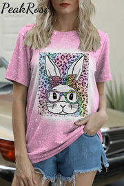 Rainbow Leopard Easter Bunny With Glasses Bleached Print O Neck T-Shirt Pink / S