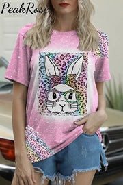 Rainbow Leopard Easter Bunny With Glasses Bleached Print O Neck T-Shirt Pink / S