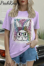 Rainbow Leopard Easter Bunny With Glasses Bleached Print O Neck T-Shirt Purple / S