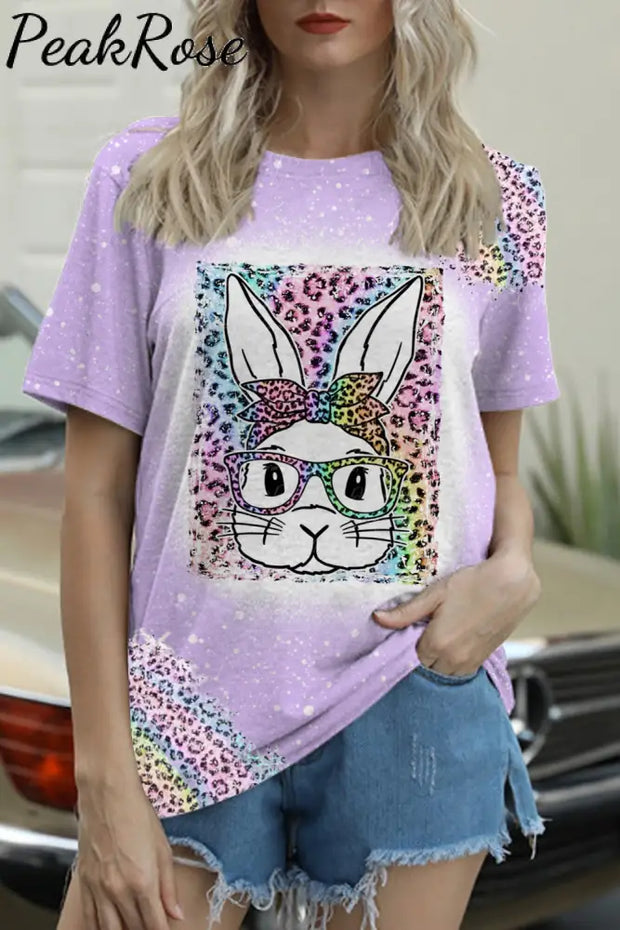 Rainbow Leopard Easter Bunny With Glasses Bleached Print O Neck T-Shirt Purple / S