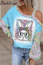 Rainbow Leopard Easter Bunny With Glasses Bleached Print Off-Shoulder Blouse Blue / S