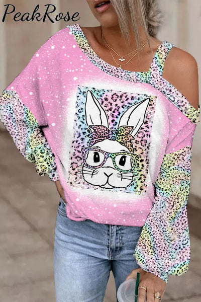 Rainbow Leopard Easter Bunny With Glasses Bleached Print Off-Shoulder Blouse Pink / S