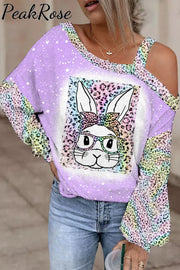 Rainbow Leopard Easter Bunny With Glasses Bleached Print Off-Shoulder Blouse Purple / S