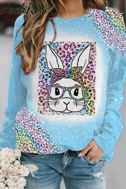 Rainbow Leopard Easter Bunny With Glasses Bleached Print Sweatshirt Blue / S