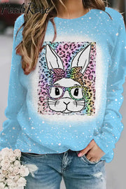 Rainbow Leopard Easter Bunny With Glasses Bleached Print Sweatshirt Blue / S