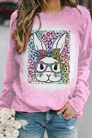 Rainbow Leopard Easter Bunny With Glasses Bleached Print Sweatshirt Pink / S