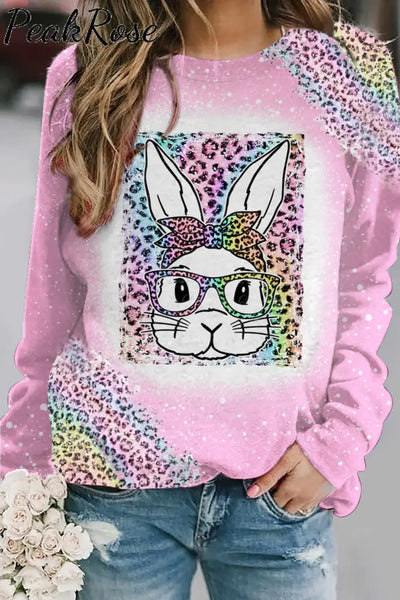 Rainbow Leopard Easter Bunny With Glasses Bleached Print Sweatshirt Pink / S