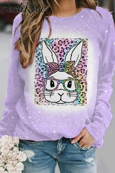 Rainbow Leopard Easter Bunny With Glasses Bleached Print Sweatshirt Purple / S